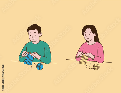 people who are knitting. Simple line drawing illustration.