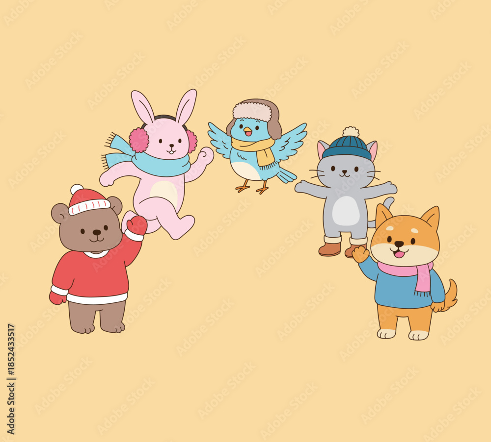 Obraz premium Various animal characters in winter attire. Simple line drawing illustration.