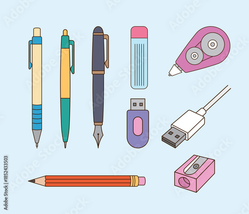 Various school supplies design elements. Simple line drawing illustration.