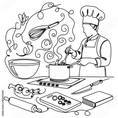 Continuous Line Art Chef Cooking Kitchen Scene with Culinary Elements