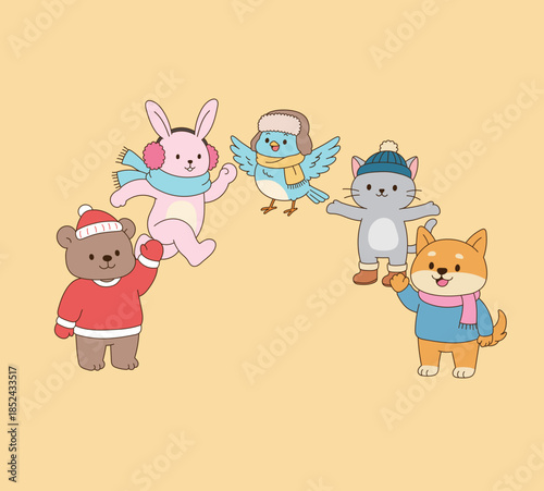 Various animal characters in winter attire. Simple line drawing illustration.