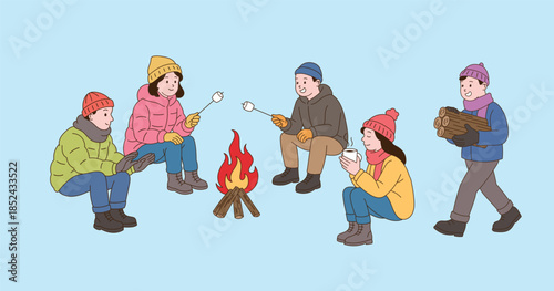 Campfire people in winter camping. Simple line drawing illustration.