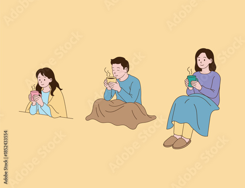 People who spend the winter with warm tea. Simple line drawing illustration.