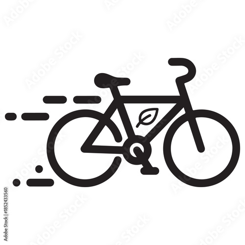 Black Minimalist Bicycle Icon with Leaf and Motion Lines