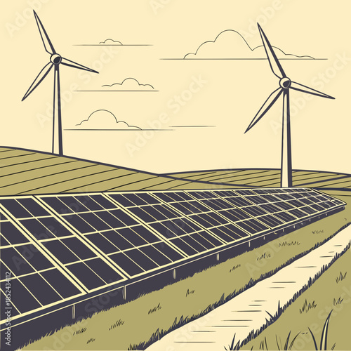 Solar panels and wind turbines on rolling hills renewable energy