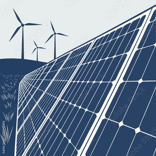 Close up of solar panel texture with wind turbines