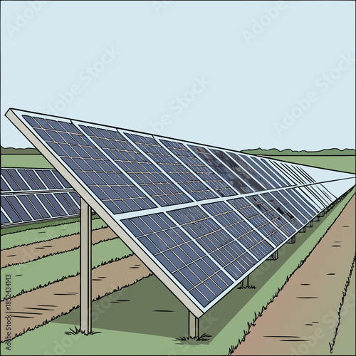 Large solar panel farm with rows of blue photovoltaic panels on metal frames in a green field