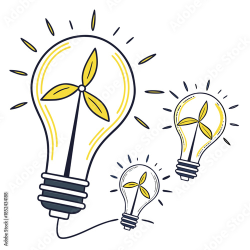 Glowing light bulbs with wind turbine blades inside