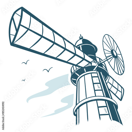 Glass turbine reflecting blue sky tones white background