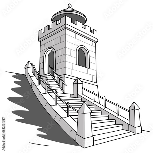 Grayscale of castle tower with staircase and railing