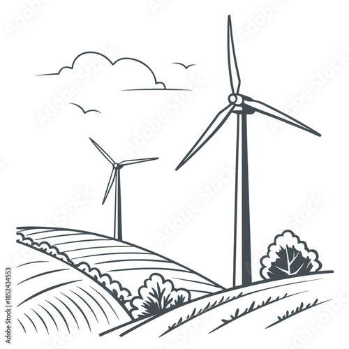 Simplified eco horizon with wind blades and rolling hills