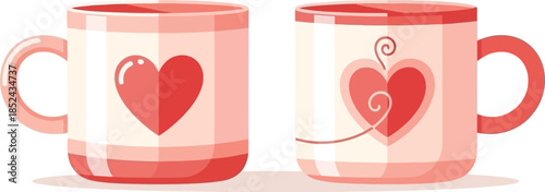 Two Romantic Ceramic Mugs with Heart Design in Soft Pink Tones.