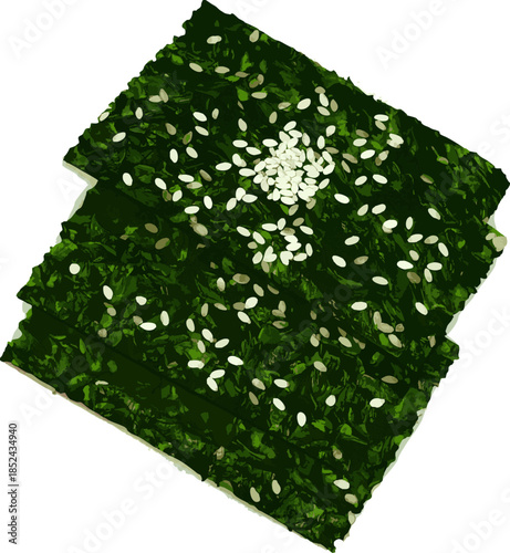 Dried nori seaweed sheet with white sesame seeds Japanese sushi white background food closeup