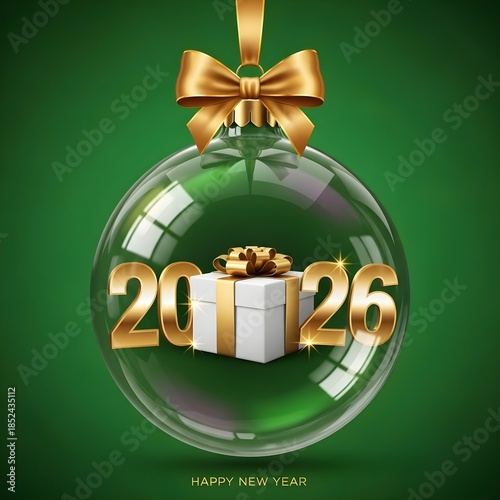 Shiny glass bauble with golden '2026' numbers and gift box, hanging with a golden ribbon on a green background. Perfect for New Year greetings
