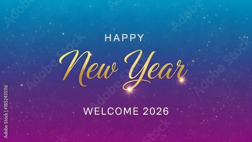 Vibrant gradient backdrop with shimmering particles, elegant golden typography heralding a joyous annual celebration of beginnings and future hopes