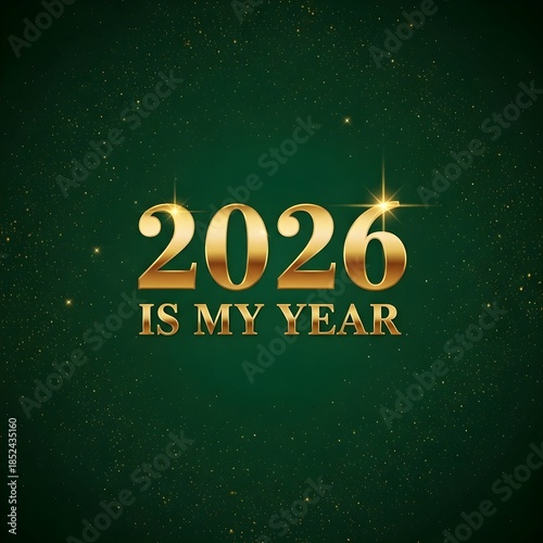 Lustrous golden metallic text '2026 Is My Year' shines brightly on a deep emerald green background, signifying hope, ambition, and the promise of a successful future