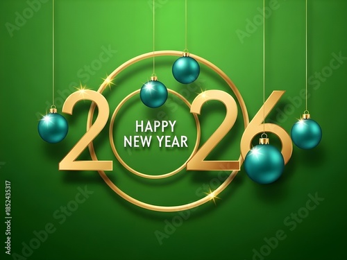 Elegant 2026 New Year celebration with golden numbers, sparkling rings, and festive teal ornaments on a vibrant green background. Joyous wishes