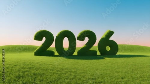 A serene green landscape with 2026 grassy numerals under a clear blue sky