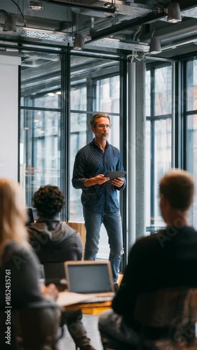 A professional man stands in front of a seated audience, leading a seminar in a contemporary office with large windows. The scene captures teamwork, leadership, and corporate communication