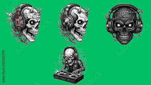 black and white skull with green background