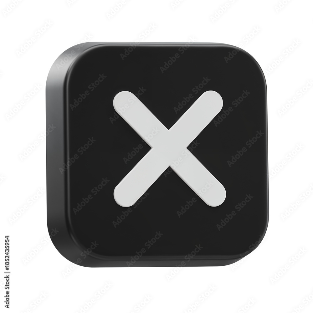 Obraz premium Modern 3d rendered black square button with white cross symbol for close or delete actions transparent background