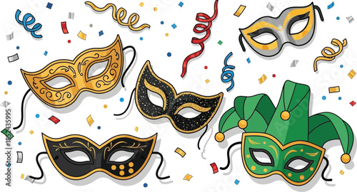 Colorful Carnival Masks with Festive Confetti and Ribbons.