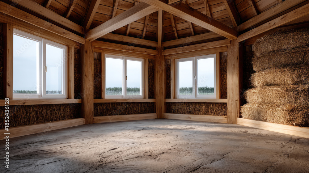 Fototapeta premium Round wooden room with large windows, exposed beams, hay bales, rustic interior, and natural light create cozy countryside atmosphere