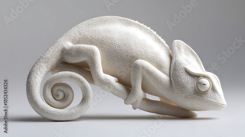 This scene shows a chameleon as a white sculpture, focusing on stillness and form rather than color, creating a unique minimalist presence.