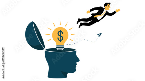 Businessman soaring towards a bright idea symbolizing innovation and financial success.