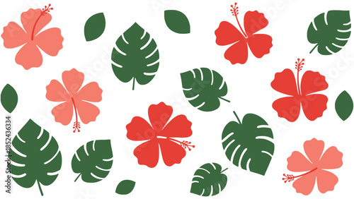 Vibrant tropical hibiscus flowers and lush green monstera leaves create a cheerful summer pattern.