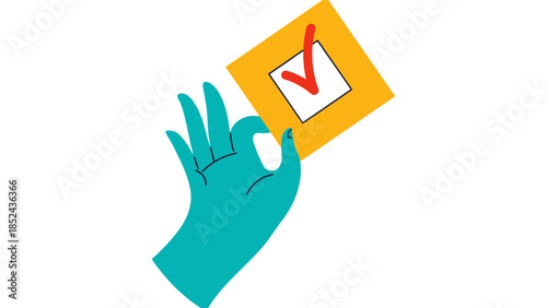 Hand holding a checklist with a red checkmark, signifying approval or completion.