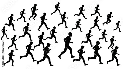 Silhouette of multiple people running in a staggered formation