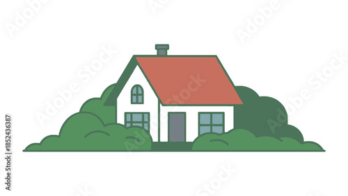 Cozy house nestled amongst lush green foliage on a clear day.