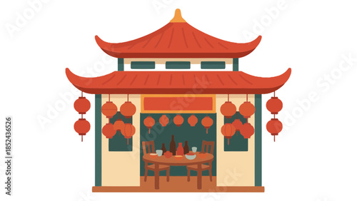 Traditional Asian pavilion with illuminated lanterns and a dining table set for a meal