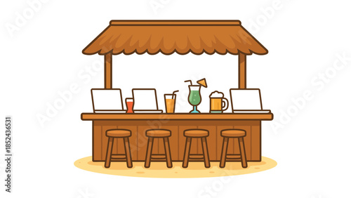 Tropical beach bar with laptops and refreshing drinks offers a unique work and leisure blend.