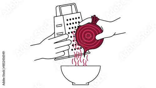 Hands grating a vibrant red beet into a white bowl for cooking or healthy eating.