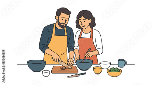 Happy couple enjoying cooking together in a bright kitchen, preparing a meal with fresh ingredients.