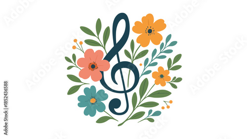 A treble clef elegantly intertwined with a vibrant floral arrangement, symbolizing the beauty of music and nature.