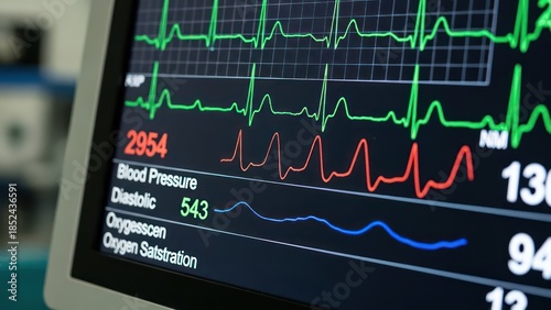 Vital signs monitoring display showing blood pressure and oxygen saturation information used for