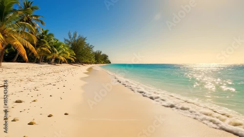 Tropical Paradise Beach Turquoise Waves Lap White Sand Shore.