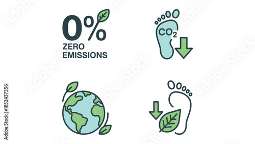 Illustrations showing zero emissions, reduced carbon footprint, and environmental protection concepts.