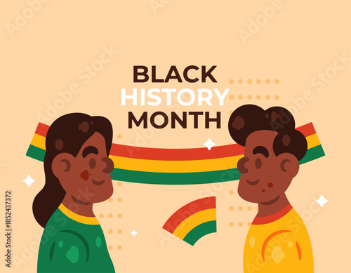 Illustration of an African American man and woman with red, yellow, and green symbols. Black people celebrating and commemorating Black History Month. Happy Black History Month. Flat style. Orange