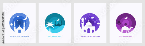 Set of ramadan kareem and eid mubarak gretings design in simple paper cut style with no shadow. Minimalist and modern design for islamic events.