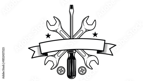 Vintage mechanic tools emblem with banner and space for text