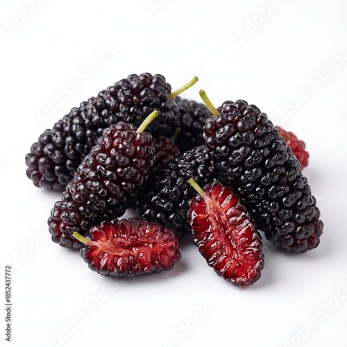 Close-up shot of fresh mulberries with some cut open, showcasing red interiors, on a plain white background with a focus on food.