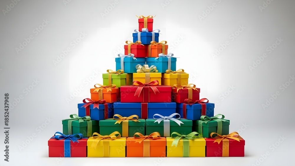 Obraz premium A colorful pyramid of wrapped gifts creates a festive and celebratory visual display