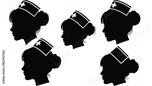 Silhouette set of vintage nurse caps and female profiles