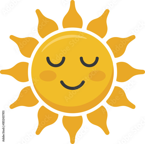 A cheerful yellow sun character with wavy rays smiles happily with its eyes closed