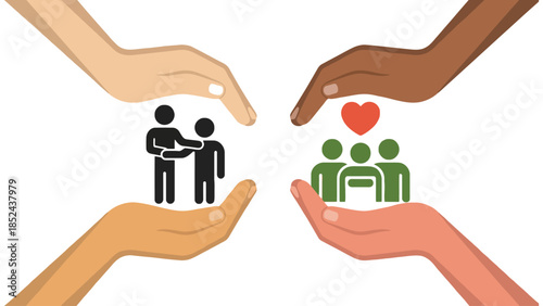 Diverse hands embrace and support community, symbolizing unity and care.