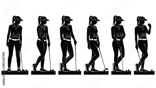 Silhouettes of a female golfer showing different poses and actions